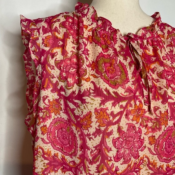 Joie Tops - Joie Pink Orange Shimmer Floral Frill Trim Sleeveless Blouse Top Size Large